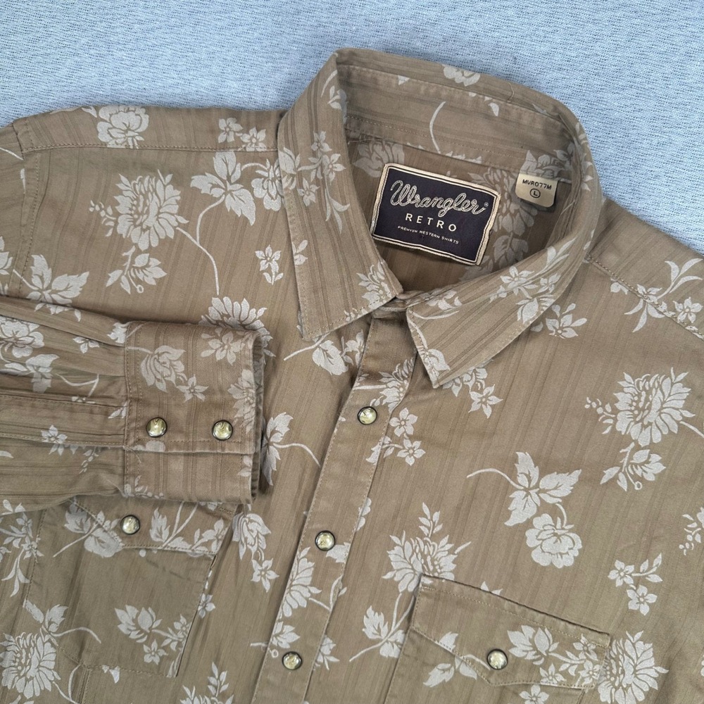 Wrangler Retro Western Snap Shirt Mens Large Floral Tan Long Sleeve Cowboy Rodeo